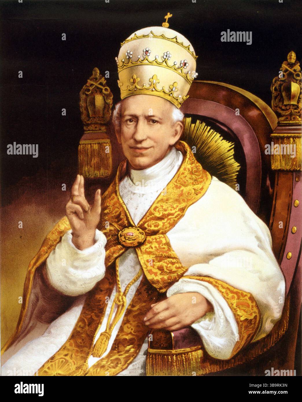Porträtdarstellung der päpstlichen Krönung Leo XIII. Er trägt ein päpstliches Diadem. Papst Leo XIII. (* 2. März 1810 als Gioacchino Vincenzo Raffaele Luigi Pecci; 20. Juli 1903) war vom 20. Februar 1878 bis zu seinem Tod im Juli 1903 Leiter der katholischen Kirche. Er hatte die viertlängste Herrschaft eines jeden Papstes. Er ist bekannt für seinen Intellektualismus und seine Versuche, die Position der katholischen Kirche in Bezug auf das moderne Denken zu definieren. In seiner berühmten Enzyklika Rerum novarum aus dem Jahr 1891 stellte Papst Leo die Rechte der Arbeiter auf fairen Lohn, sichere Arbeitsbedingungen und die Bildung von Gewerkschaften dar. Stockfoto
