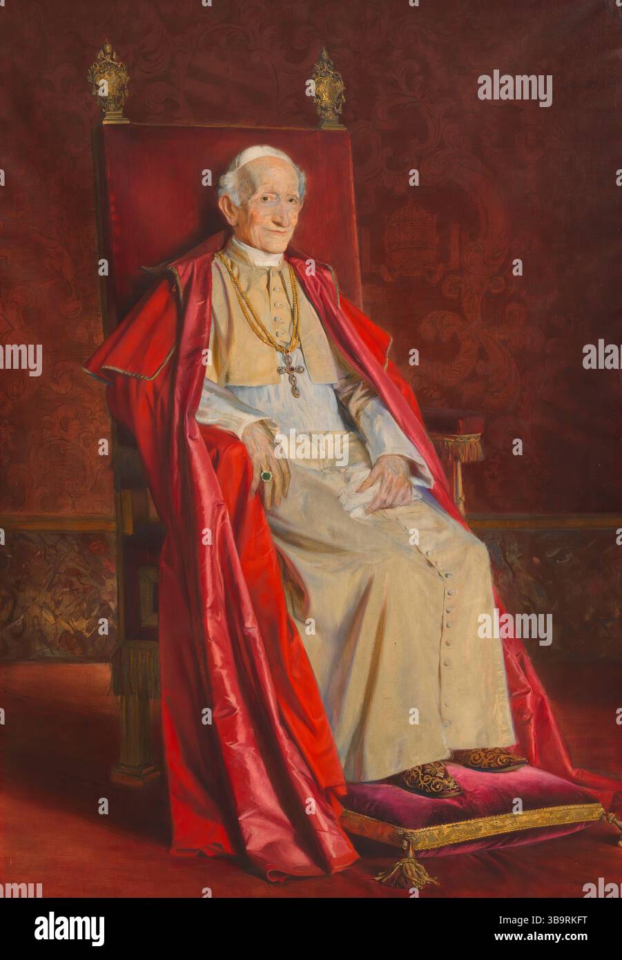 Papst Leo XIII. (* 2. März 1810 als Gioacchino Vincenzo Raffaele Luigi Pecci; 20. Juli 1903) war vom 20. Februar 1878 bis zu seinem Tod im Juli 1903 Leiter der katholischen Kirche. Er hatte die viertlängste Herrschaft eines jeden Papstes. Er ist bekannt für seinen Intellektualismus und seine Versuche, die Position der katholischen Kirche in Bezug auf das moderne Denken zu definieren. In seiner berühmten Enzyklika Rerum novarum aus dem Jahr 1891 stellte Papst Leo die Rechte der Arbeiter auf fairen Lohn, sichere Arbeitsbedingungen und die Bildung von Gewerkschaften dar. Stockfoto