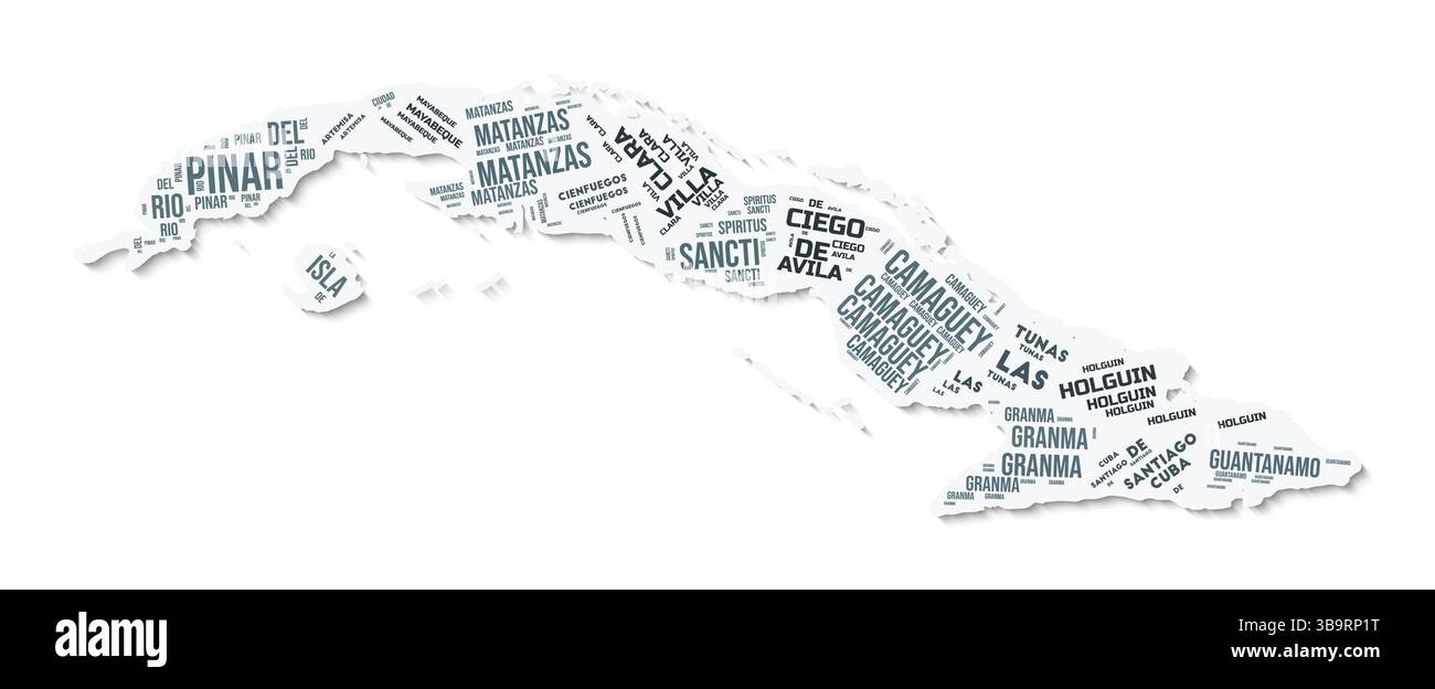 Kuba Form Text Wolke. Ländergrenze mit Schatten auf weißem Hintergrund. Kuba mit regionaler Aufteilung im Vintage gazette Stil. Stock Vektor Kuba Form Text Wolke. Ländergrenze mit Schatten auf weißem Hintergrund. Kuba mit regionaler Aufteilung im Vintage gazette Stil. Stock Vektor