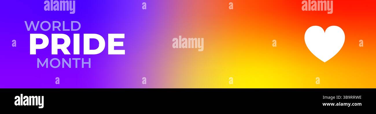 Text für den World Pride Month mit weißem Herzsymbol über Regenbogenverlauf. Botschaft der Einheit, der Gleichheit, der Feier der LGBTQ-Rechte. Ideal für Poster Stock Vektor