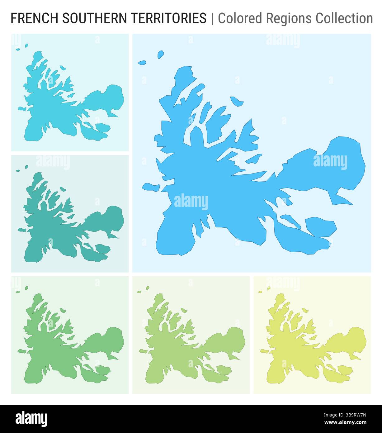 TAAF-Kartensammlung. Länderform mit farbigen Regionen. Hellblau, Cyan, Teal, Grün, Hellgrün, Farbpaletten in Limettenfarben. Stock Vektor