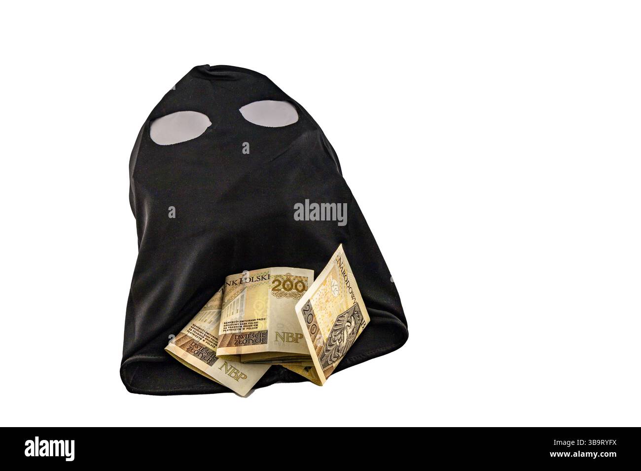 Schwarze Mütze, die das Gesicht des Verbrechers verdeckt, gestohlenes Geld, Casino-Gewinne, ausgeraubter Geldkonvoi Stockfoto