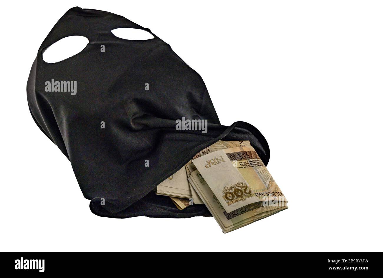Schwarze Mütze, die das Gesicht des Verbrechers verdeckt, gestohlenes Geld, Casino-Gewinne, ausgeraubter Geldkonvoi Stockfoto