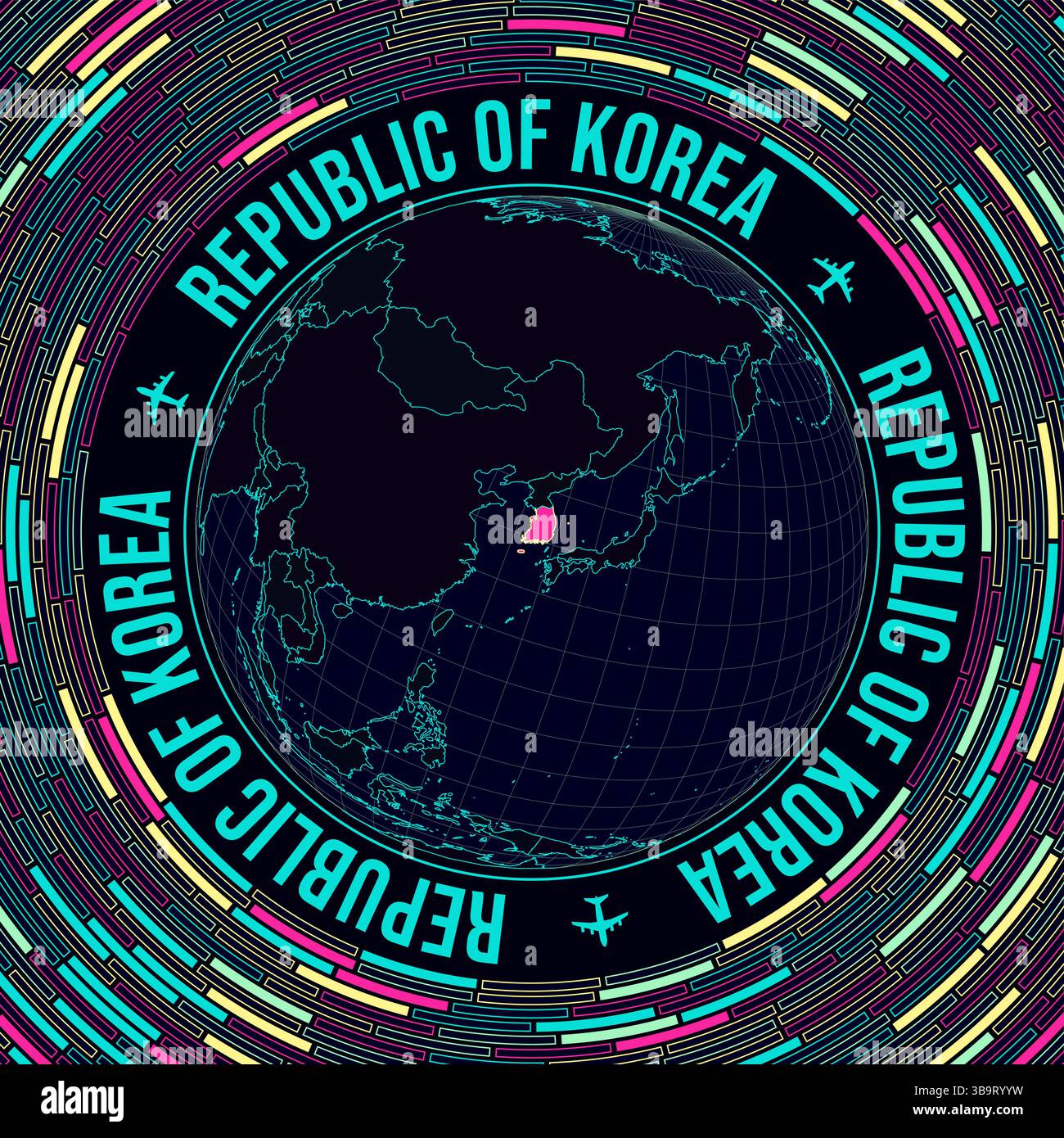 Südkorea auf der Welt. Satellitenansicht der Welt mit Schwerpunkt Südkorea. Leuchtender Neonstil. Futuristischer Radialziegelhintergrund. Stock Vektor