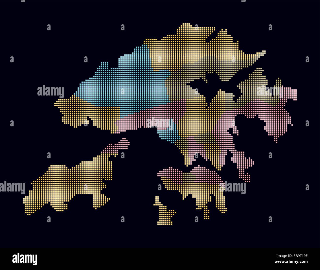 Gepunktete Hongkong-Karte. Digitale Landkarte des Landes auf dunklem Hintergrund. Hongkong-Form mit quadratischen Punkten. Farbige Punkte. Kleine Quadrate. Stock Vektor