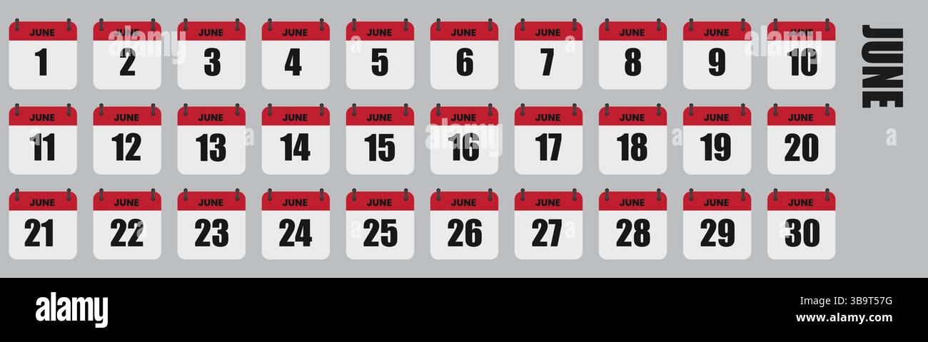 Juni Kalendertage voller Monat Set, Daten 1. Bis 30. Vektor-Illustration Stock Vektor