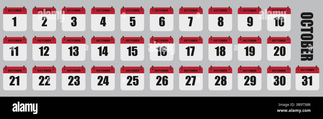 Oktober Kalendertage voller Monat, Datum 1. Bis 31. Vektor-Illustration Stock Vektor