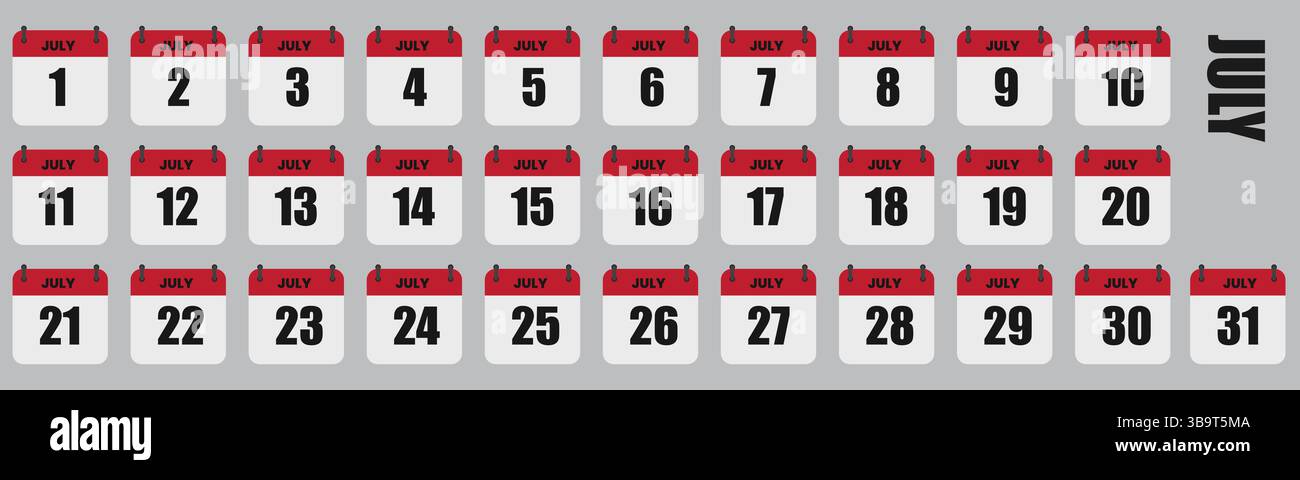 Juli Kalendertage voller Monat Set, Daten 1. Bis 31. Vektor-Illustration Stock Vektor