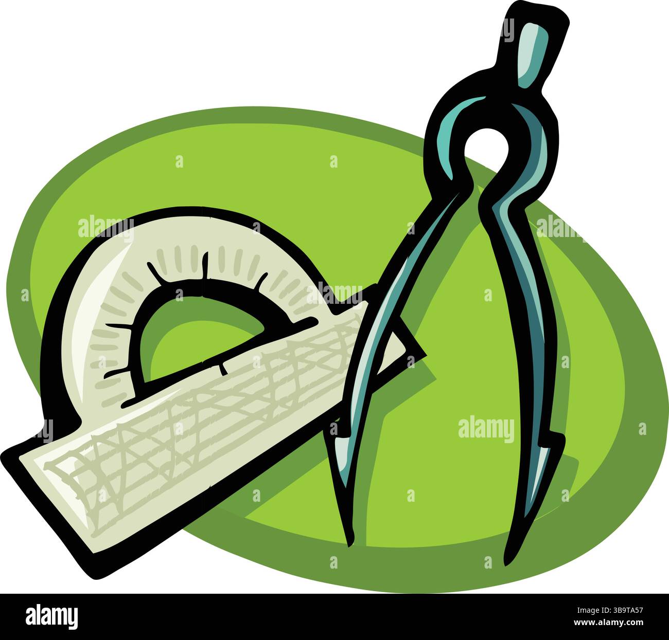 Eine abstrakte Vektor-Illustration zeigt ein Lineal und einen Winkelmesser in einem Zeichentrickstil Stock Vektor