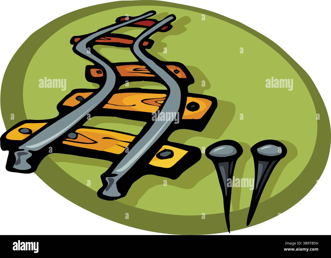 Eine abstrakte Vektor-Illustration zeigt eine Bahnstrecke und Nägel im Cartoon-Stil Stock Vektor