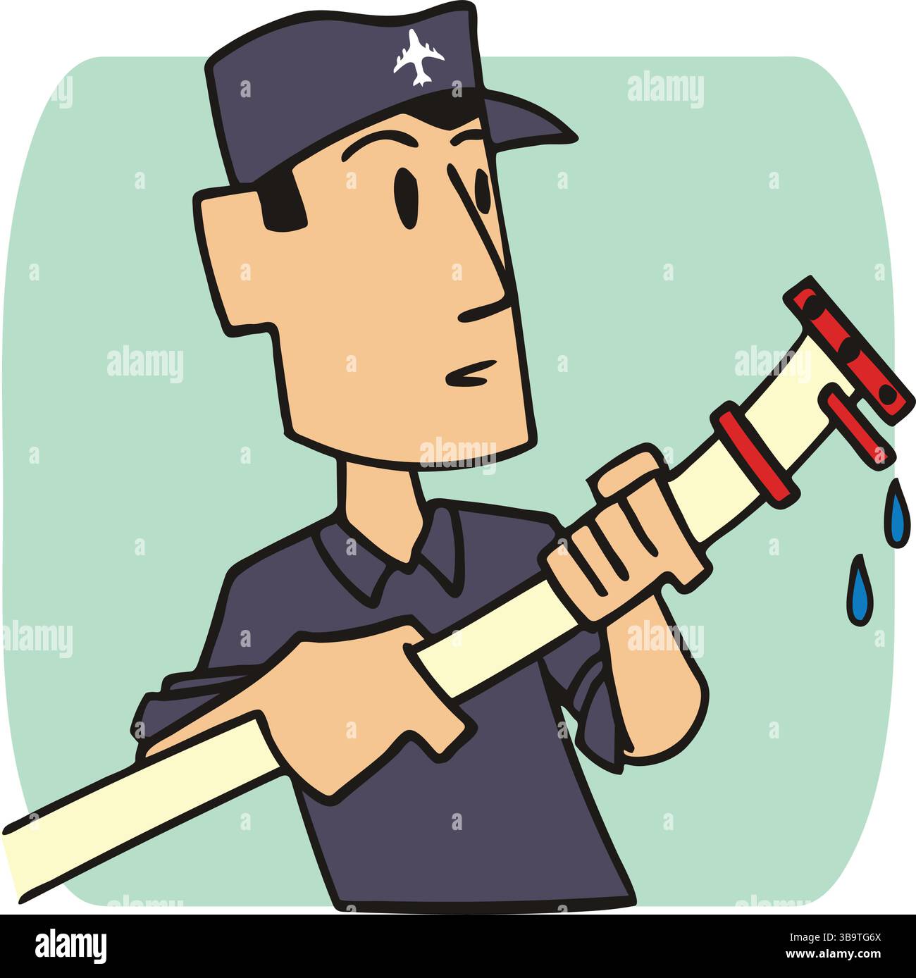 Eine abstrakte Vektor-Illustration zeigt eine Arbeiterfigur, die Wasserschlauch hält, um im Flughafen im Cartoon-Stil zu waschen Stock Vektor Eine abstrakte Vektor-Illustration zeigt eine Arbeiterfigur, die Wasserschlauch hält, um im Flughafen im Cartoon-Stil zu waschen Stock Vektor