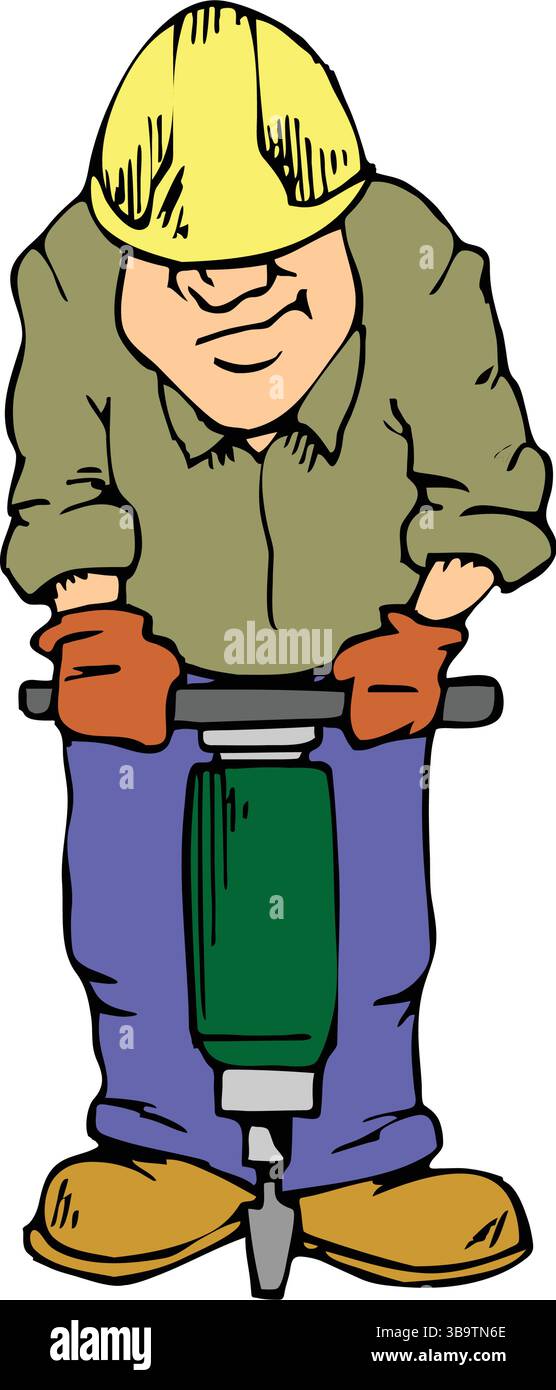 Eine abstrakte Vektor-Illustration zeigt einen Arbeiter, der den Schlaghammer im Zeichentrickstil verwendet Stock Vektor