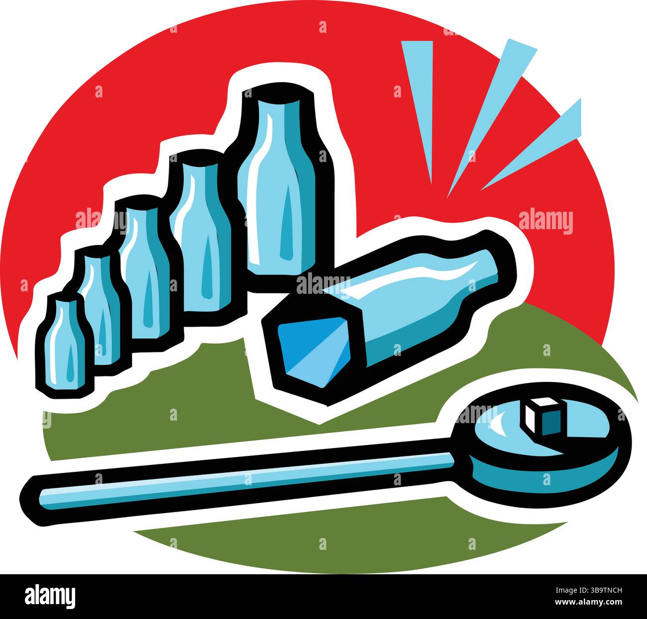 Eine abstrakte Vektor-Illustration zeigt ein Ratschenwerkzeug und Flaschen im Zeichentrickstil Stock Vektor