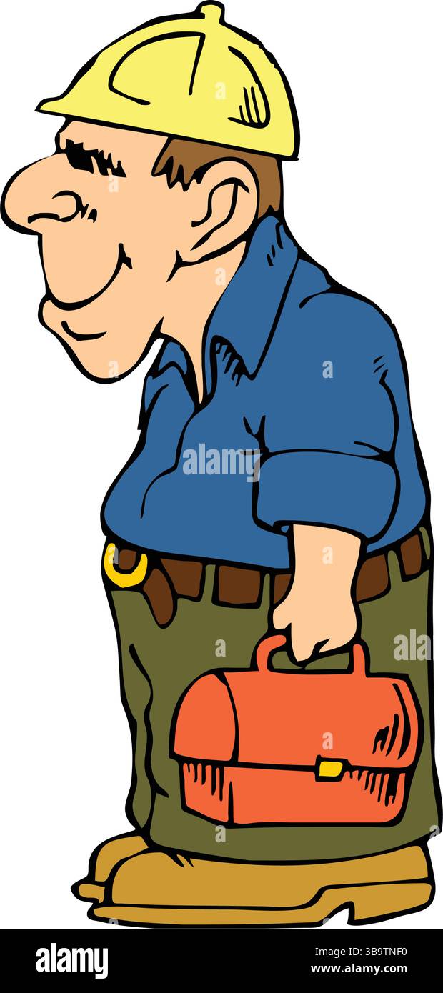 Eine abstrakte Vektor-Illustration zeigt einen Arbeiter, der eine Werkzeugkiste im Cartoon-Stil hält Stock Vektor