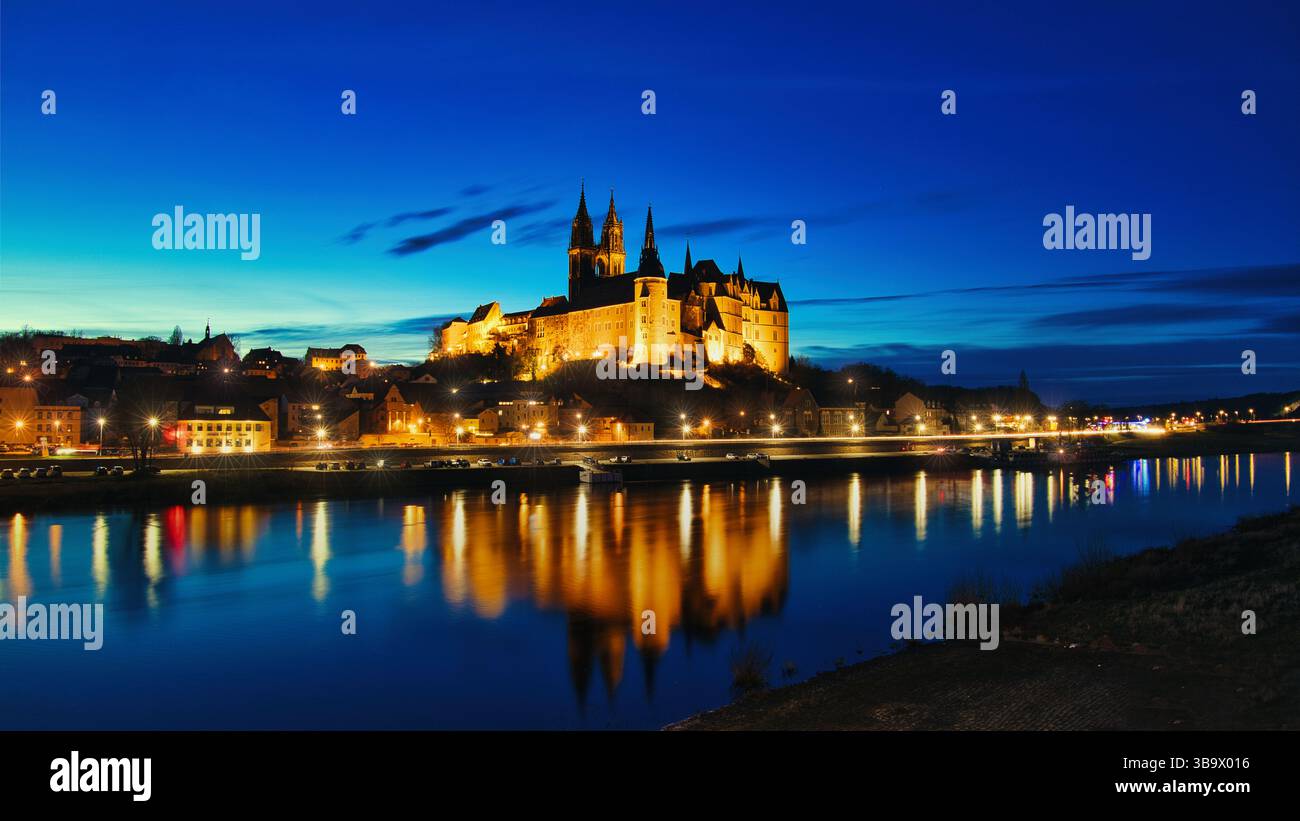 Schloss Albrechtsburg, Meißen, Sachsen, Deutschland, bei Nacht Stockfoto