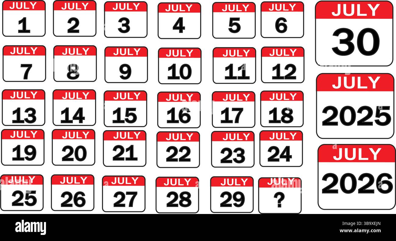 Juni- und juli-Kalender 2025 und 2026 – Druckbare Vektorvorlage mit Symbolen für das tägliche Datum, sauberem Layout und rotem Kopfzeilendesign Stock Vektor