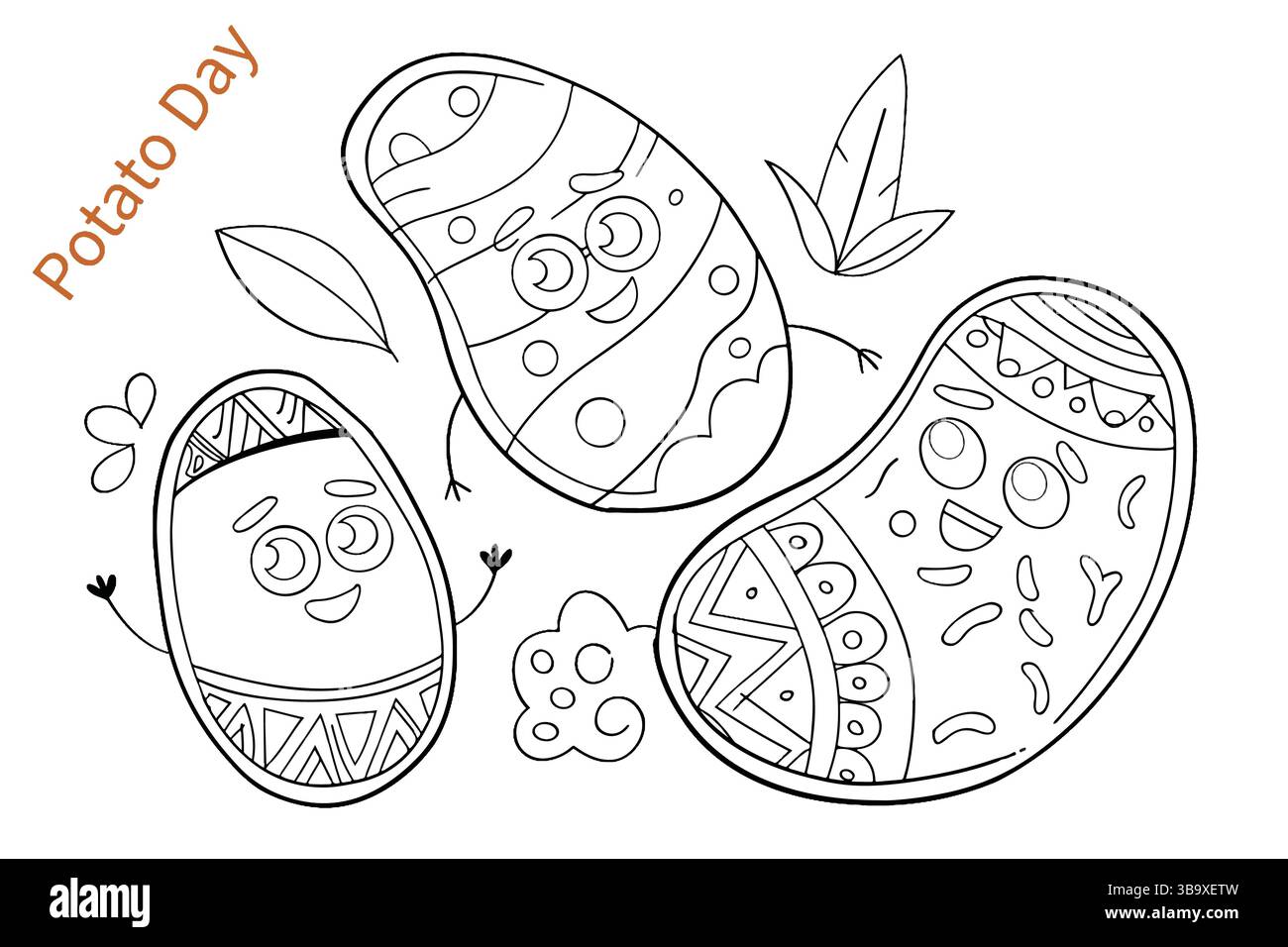 Niedliche Cartoon Potato Characters Line Art für die Feier zum Nationalfeiertag der Kartoffel. Stock Vektor