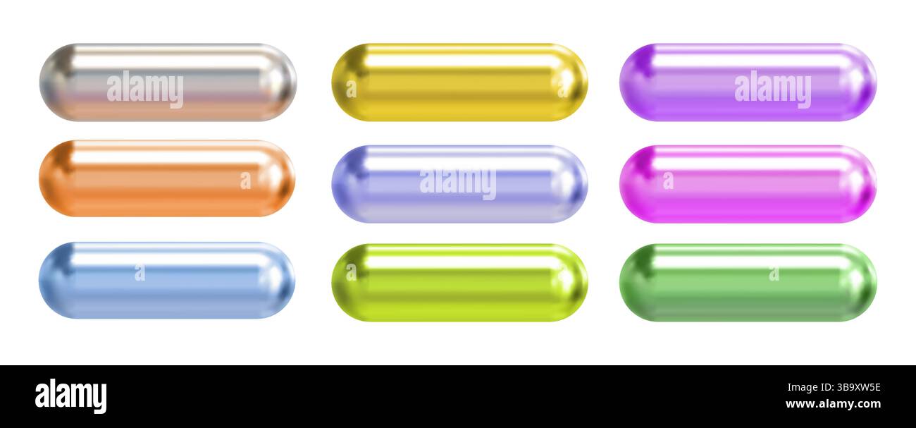 Glänzende bunte 3D-Kapselknöpfe in Metallic-Chrom-Stil auf weißem Hintergrund, einschließlich Silber, Gold, Lila, Orange, blaue, grüne und rosa Pille Stock Vektor
