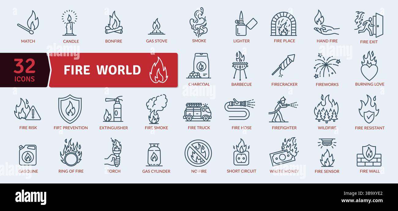 Feuer und Flammen 32 Symbolsatz: Brennende Elemente Stock Vektor