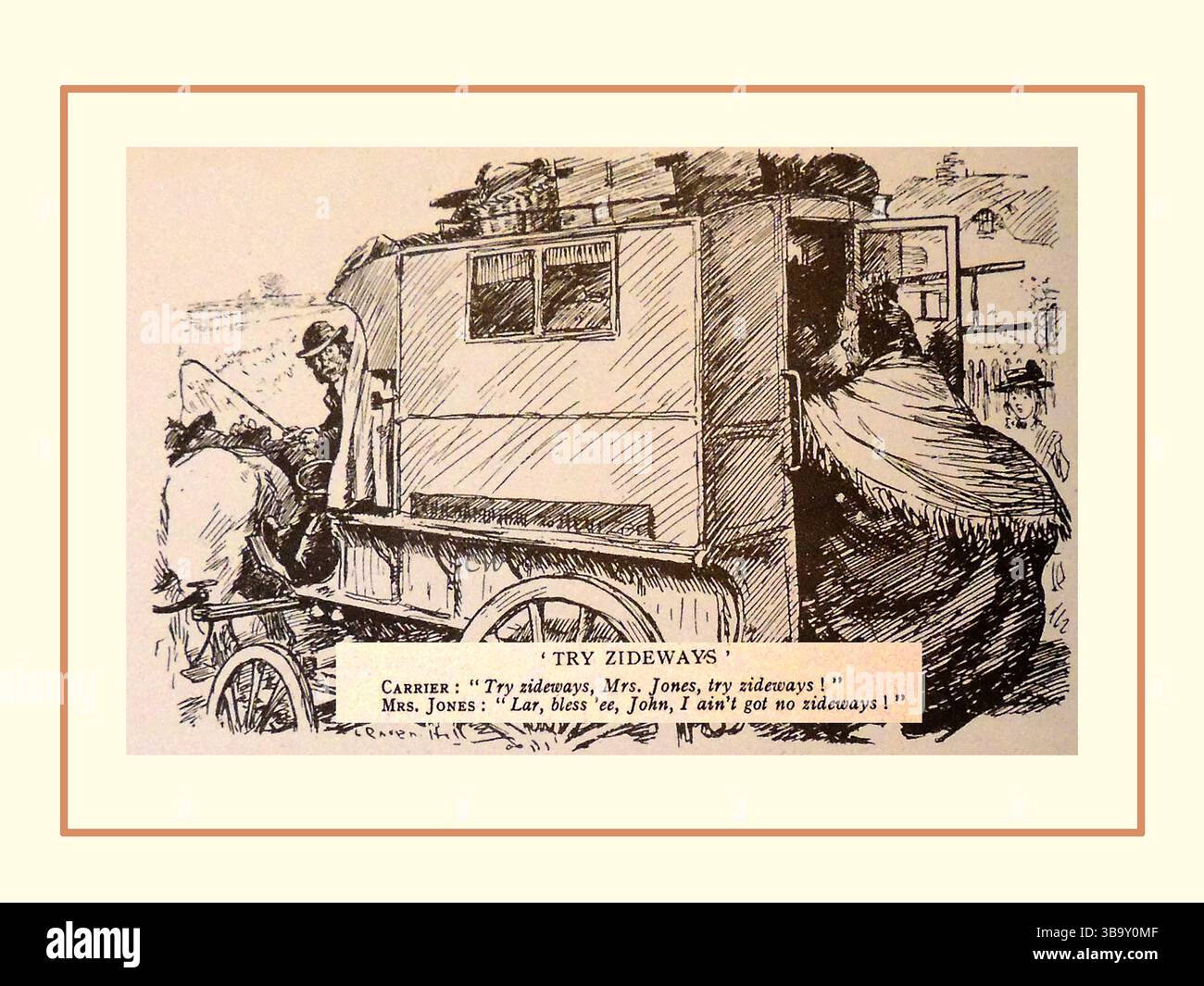 Ein Cartoon aus dem 19. Jahrhundert von L Raven Hill, der eine fettleibige Frau zeigt, die versucht, in eine Kutsche zu steigen. Stockfoto