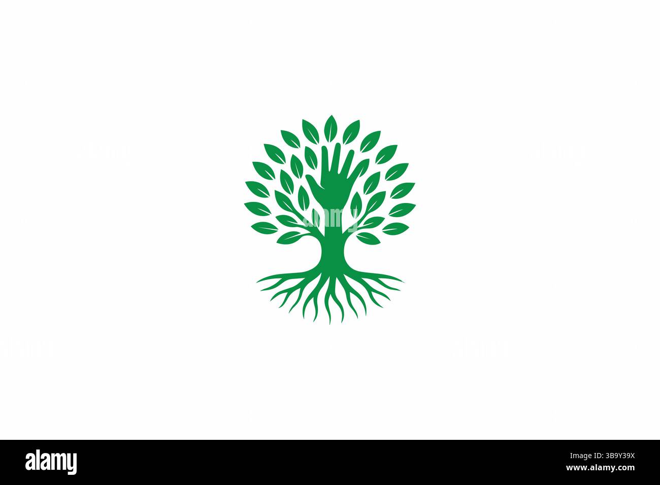 Green Tree Logo mit Hand, das Wachstum, Pflege und Community-Verbindung symbolisiert Stock Vektor