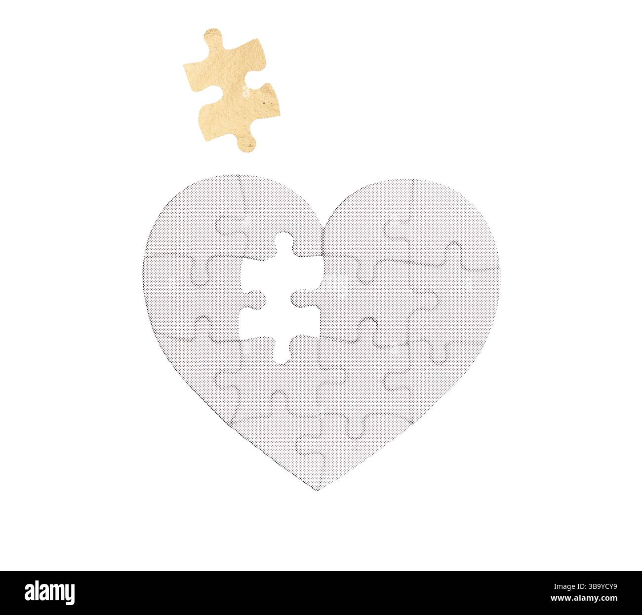 Goldenes Herz-Puzzle mit einem fehlenden Teil, das Liebe, emotionale Verbindung und Teamwork symbolisiert. Glänzende Metallic-Textur, die die Vervollständigung, den Unterteil repräsentiert Stockfoto