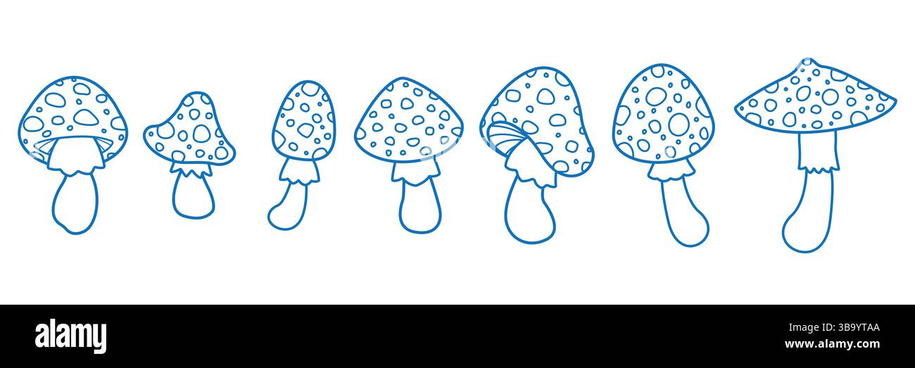 Satz von Konturabbildungen von Fliegenpilz. Blau auf weißem Hintergrund. Handgezeichnete Vektorgrafik. Stock Vektor