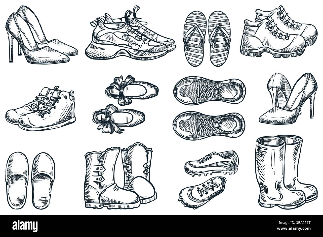 Mode Schuhe Set, Vektor Hand gezeichnete Skizze Illustration. Ikonen-Kollektion für Damen und Herren mit Sport- und Freizeitschuhen. Konstruktionselemente isoliert auf weiß Stock Vektor