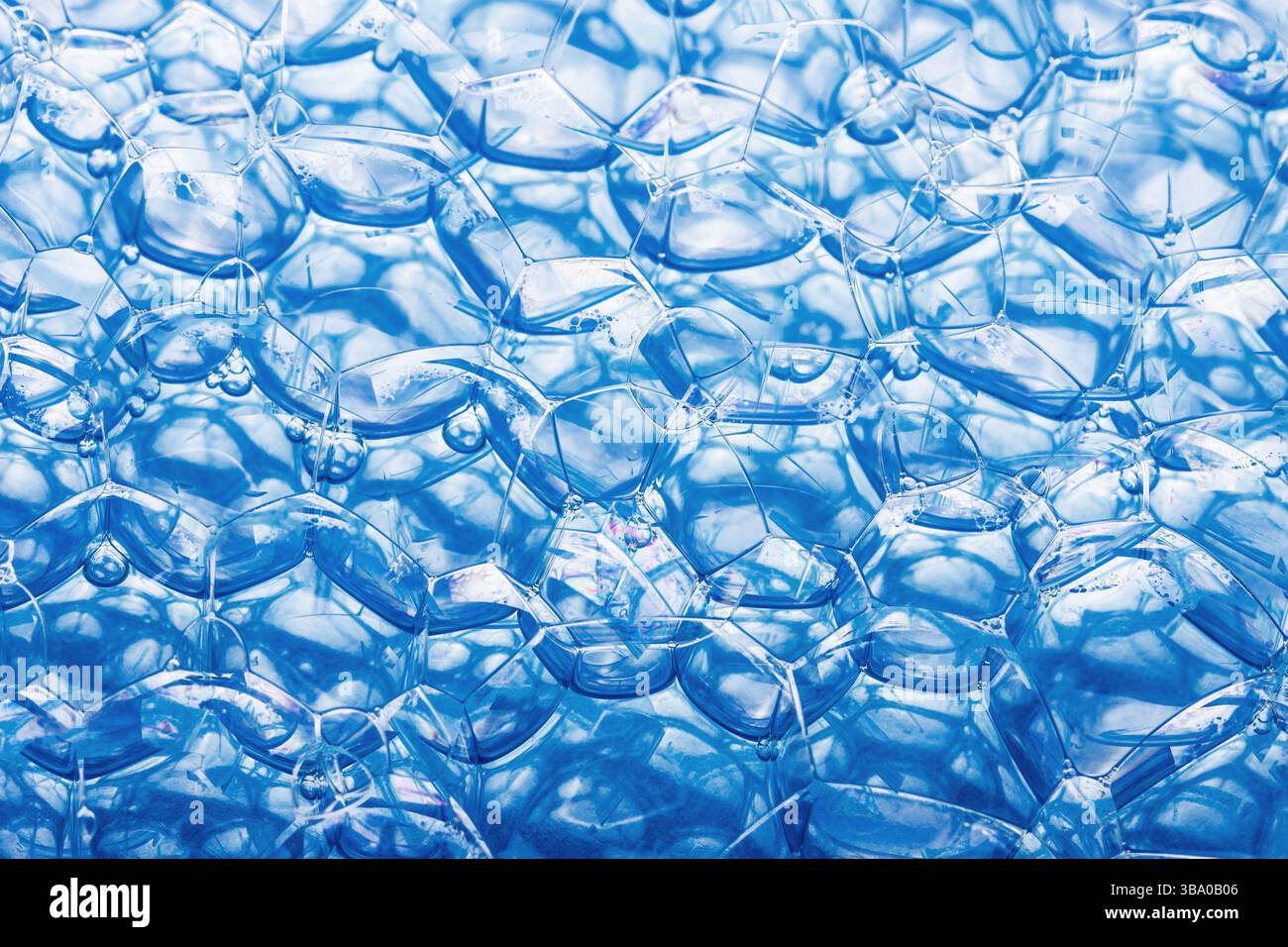 Nahaufnahme der Blasenschaumtextur. Blisteroberfläche mit runden Zellen. Abstraktes Makro des Reinigungsschaums. Blauer Hintergrund von Seife oder chemischen Blasen. Stockfoto