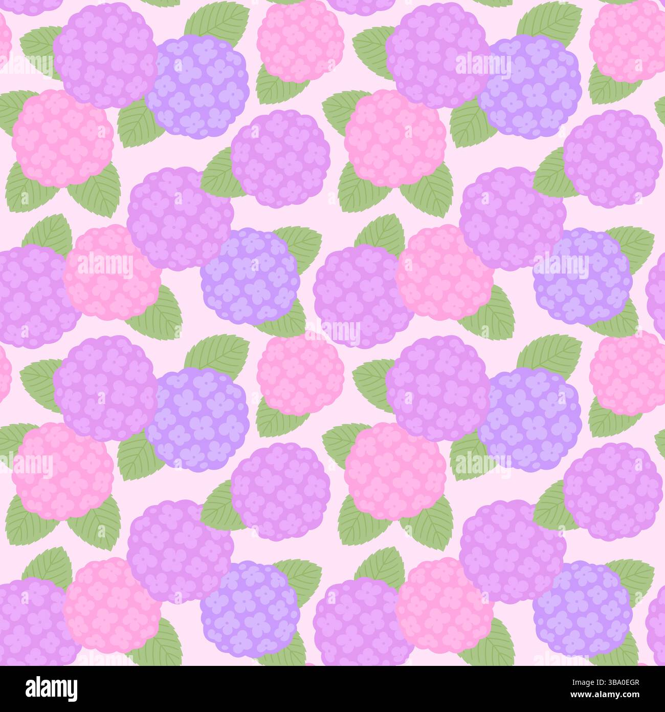 Rosa und lila Hortensie Blumen nahtlos Muster, einfache Zeichentrickserie. Vektor-Clipart-Illustration. Stock Vektor
