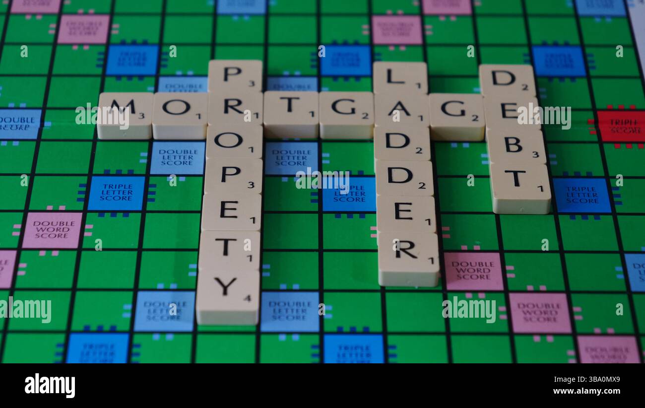 Das Konzept des Wohnungseigentums wird auf einem Scrabble-Brett mit den Worten: Hypotheken, Kredite, Schulden, Grundstücksleiter Stockfoto