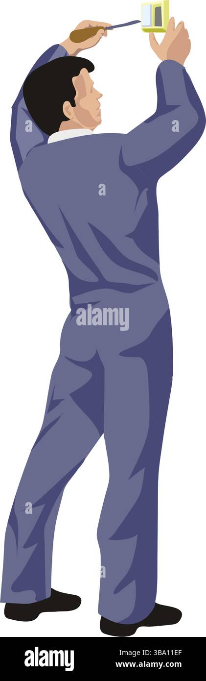 Eine abstrakte Vektorabbildung zeigt einen Arbeiter, der den elektrischen Schalter im Cartoon-Stil repariert Stock Vektor