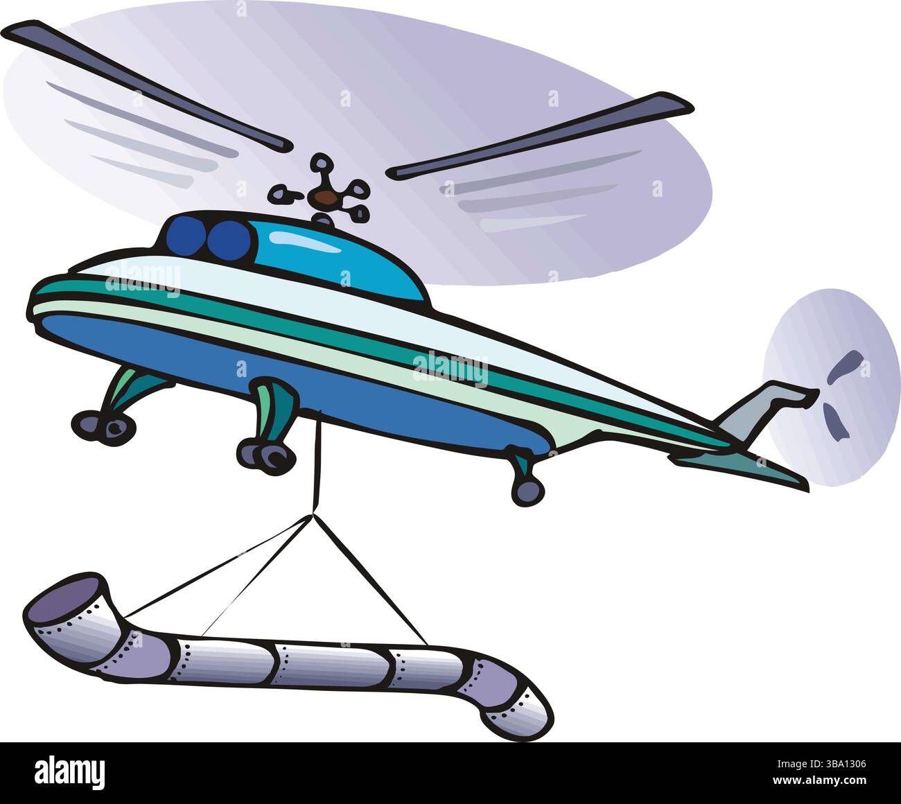Eine abstrakte Vektor-Illustration zeigt einen Hubschrauber, der ein Rohr im Cartoon-Stil transportiert Stock Vektor