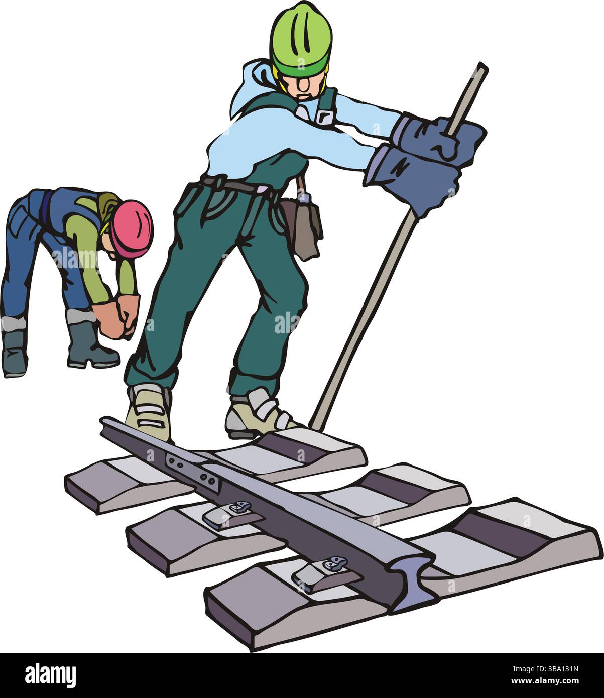 Eine abstrakte Vektor-Illustration zeigt einen Bauarbeiter, der Eisenbahngleise im Cartoon-Stil verlegt Stock Vektor