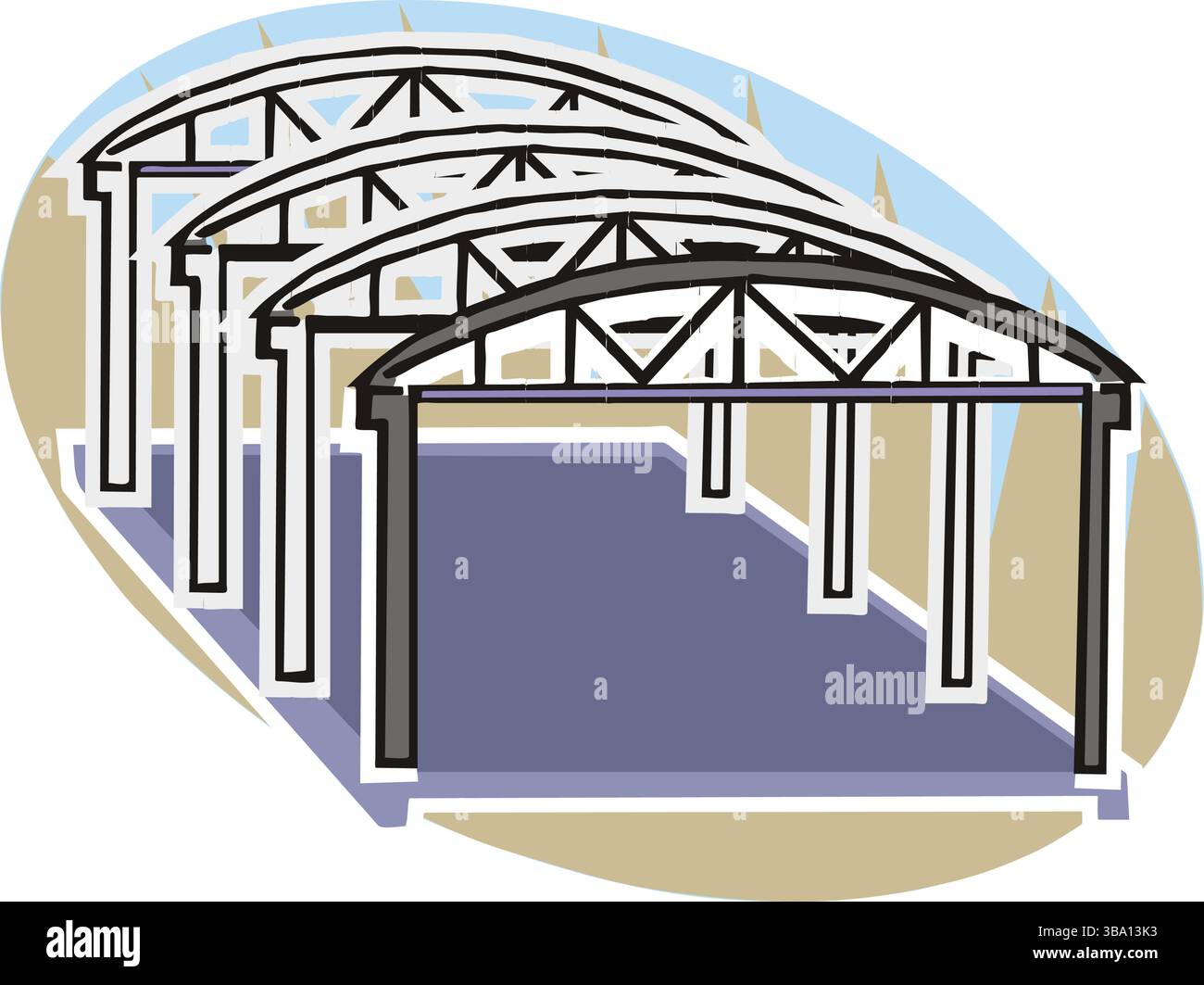 Eine farbenfrohe Illustration einer Stahlrahmenkonstruktion mit schwarzen Balken und weißen Stützen Stock Vektor