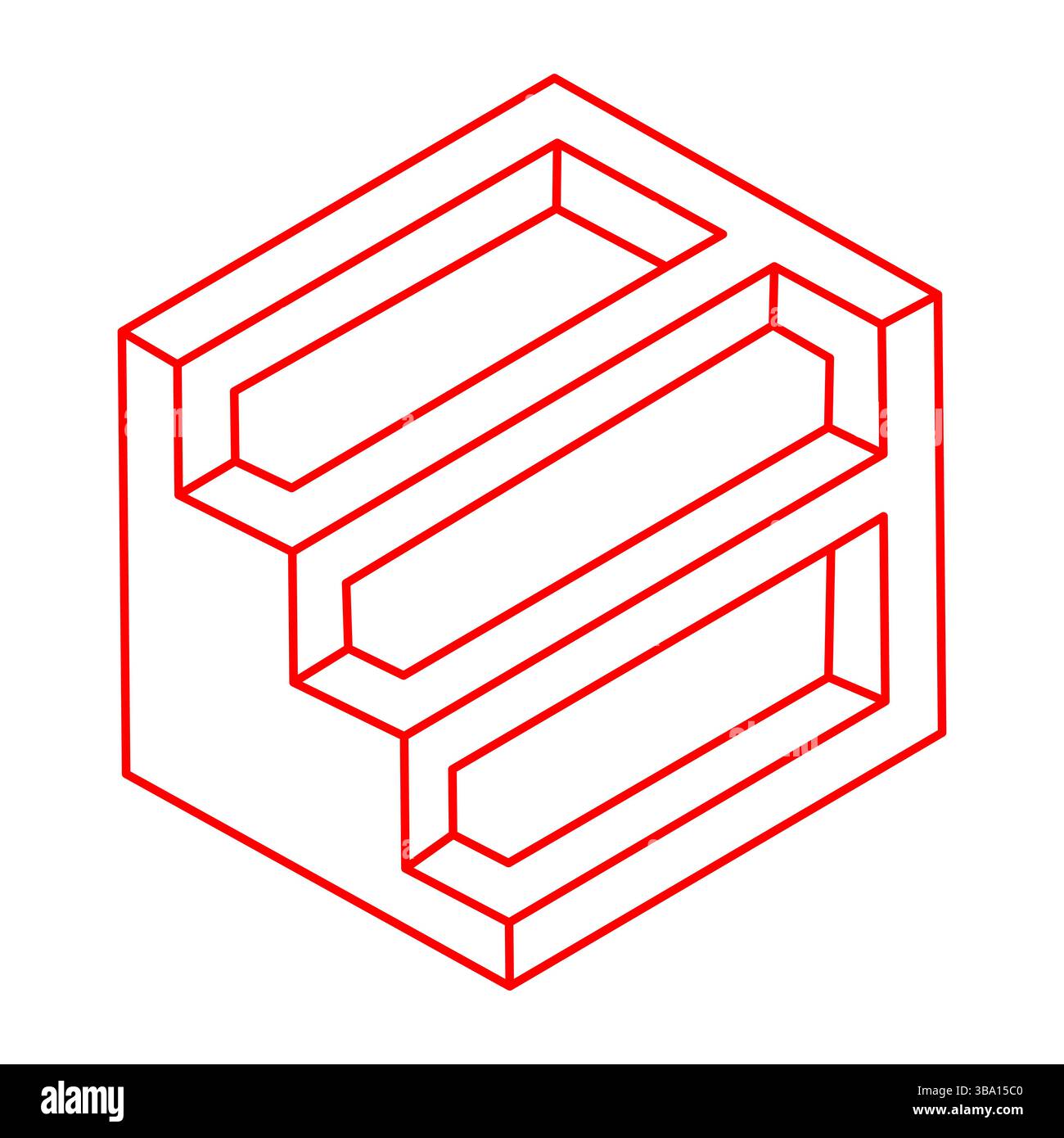 Unmögliche optische Täuschungsformen. Optisches Kunstobjekt. Unmögliche Zahlen. Liniengrafik. Geometrie. Escher-Paradoxon. Stock Vektor