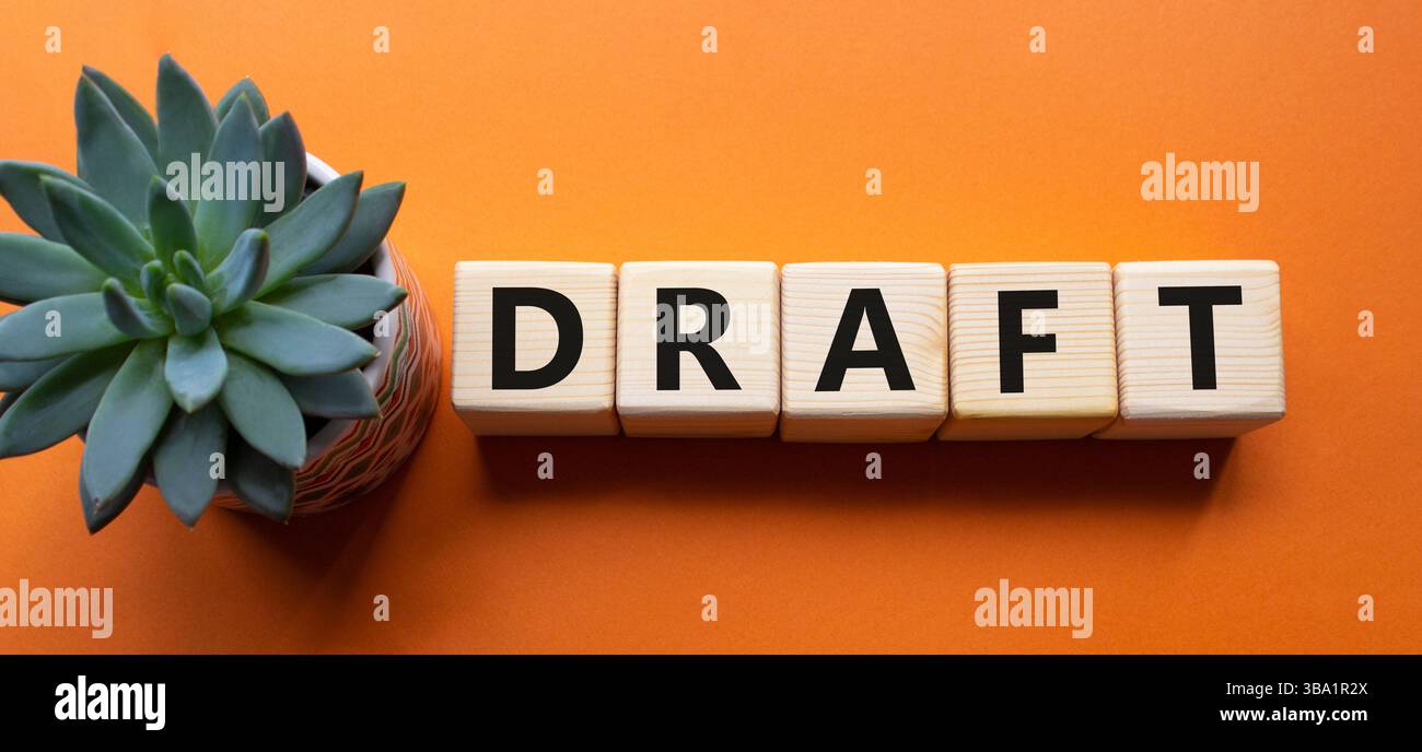 Auszugsschrägensymbol. Konzeptwort Entwurf auf Holzwürfeln. Schöner oranger Hintergrund mit saftiger Pflanze. Business- und Entwurfskonzept. Kopierbereich. Stockfoto