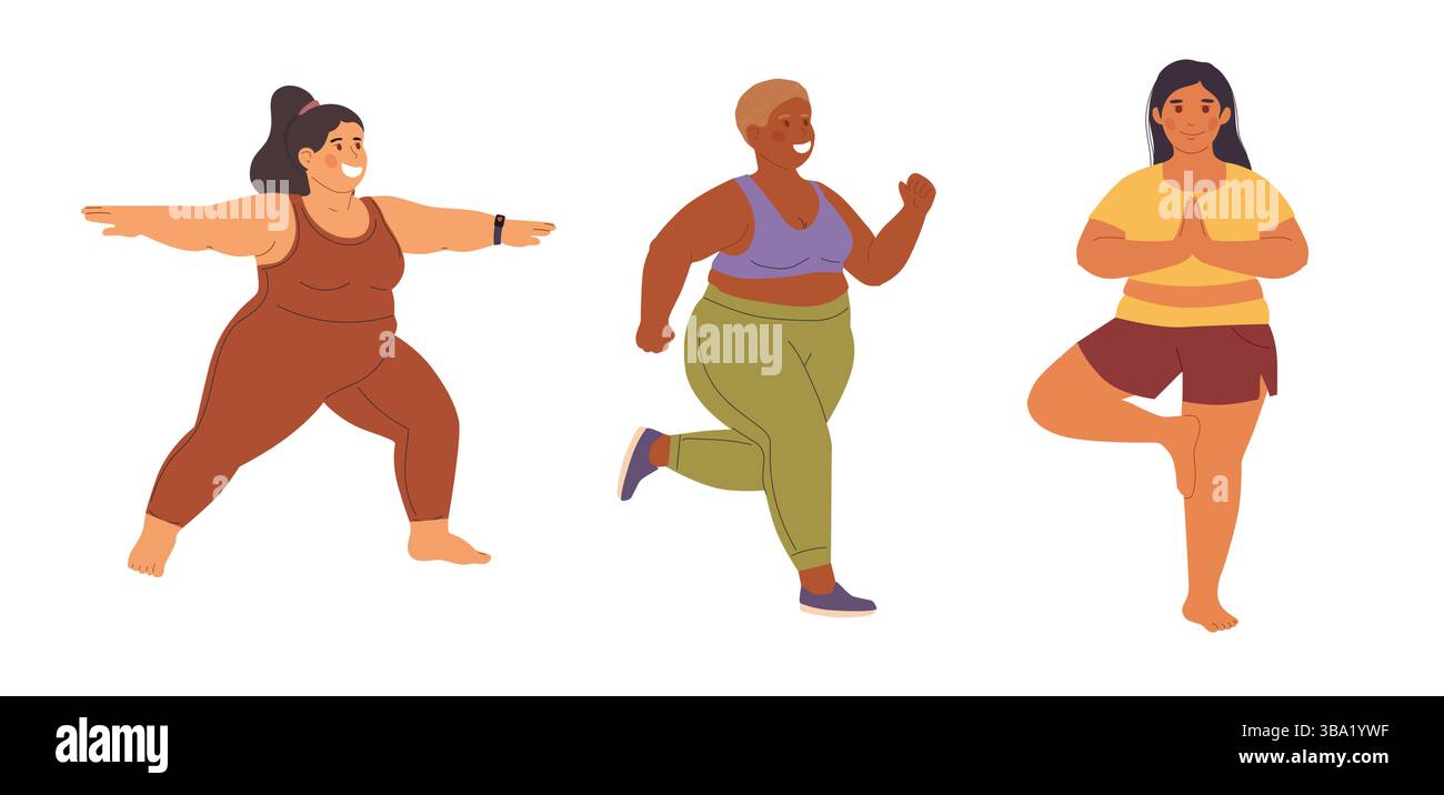 Große Frauen, die Fitness und Yoga machen Stock Vektor