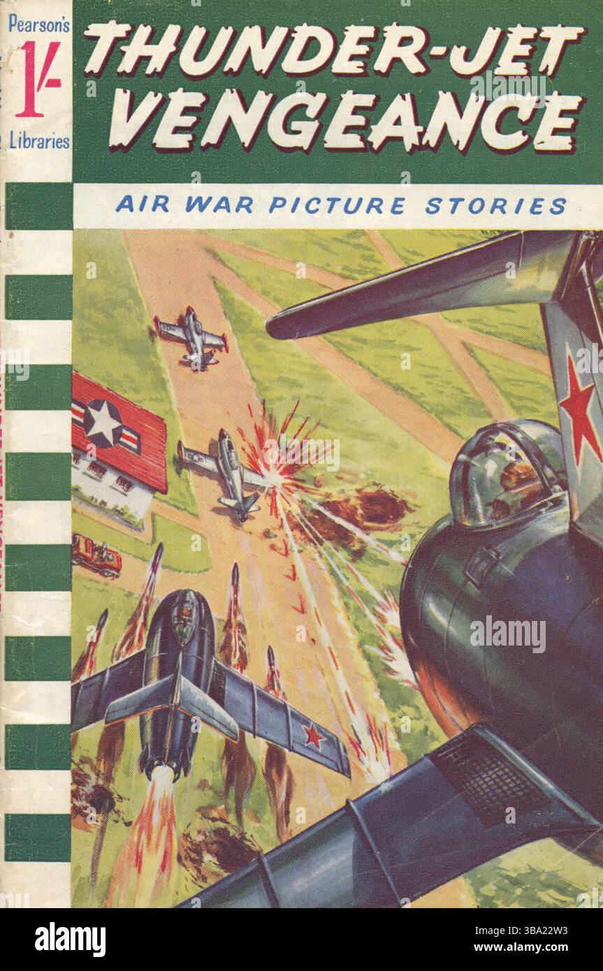 Air war Picture Stories Comic. Pearsons Bibliothek. Thunder-Jet Vengeance. Die Abbildung auf der Abdeckung zeigt chinesische MIG-Jets, die einen US-Luftstreifen angreifen. Veröffentlicht 1961. Comic-Bücher für Jungen. Preis 1/- (5p). Stockfoto
