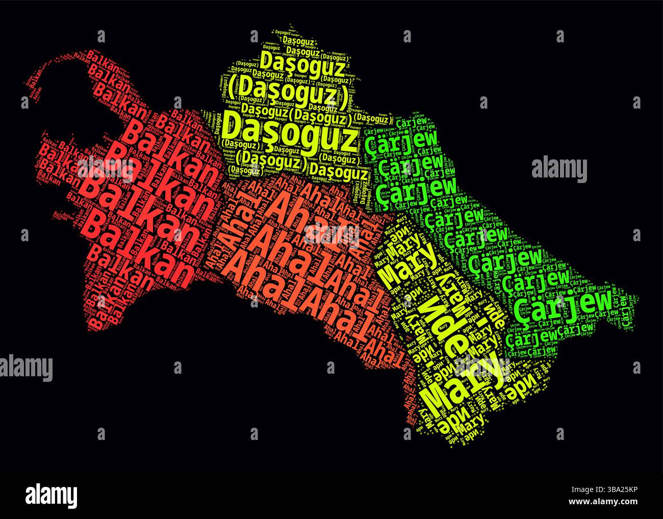 Turkmenistan Regionen Wortwolken. Helles Neondesign auf dunklem Hintergrund. Regionale Namen des Landes in turkmenischer Sprache. Stock Vektor