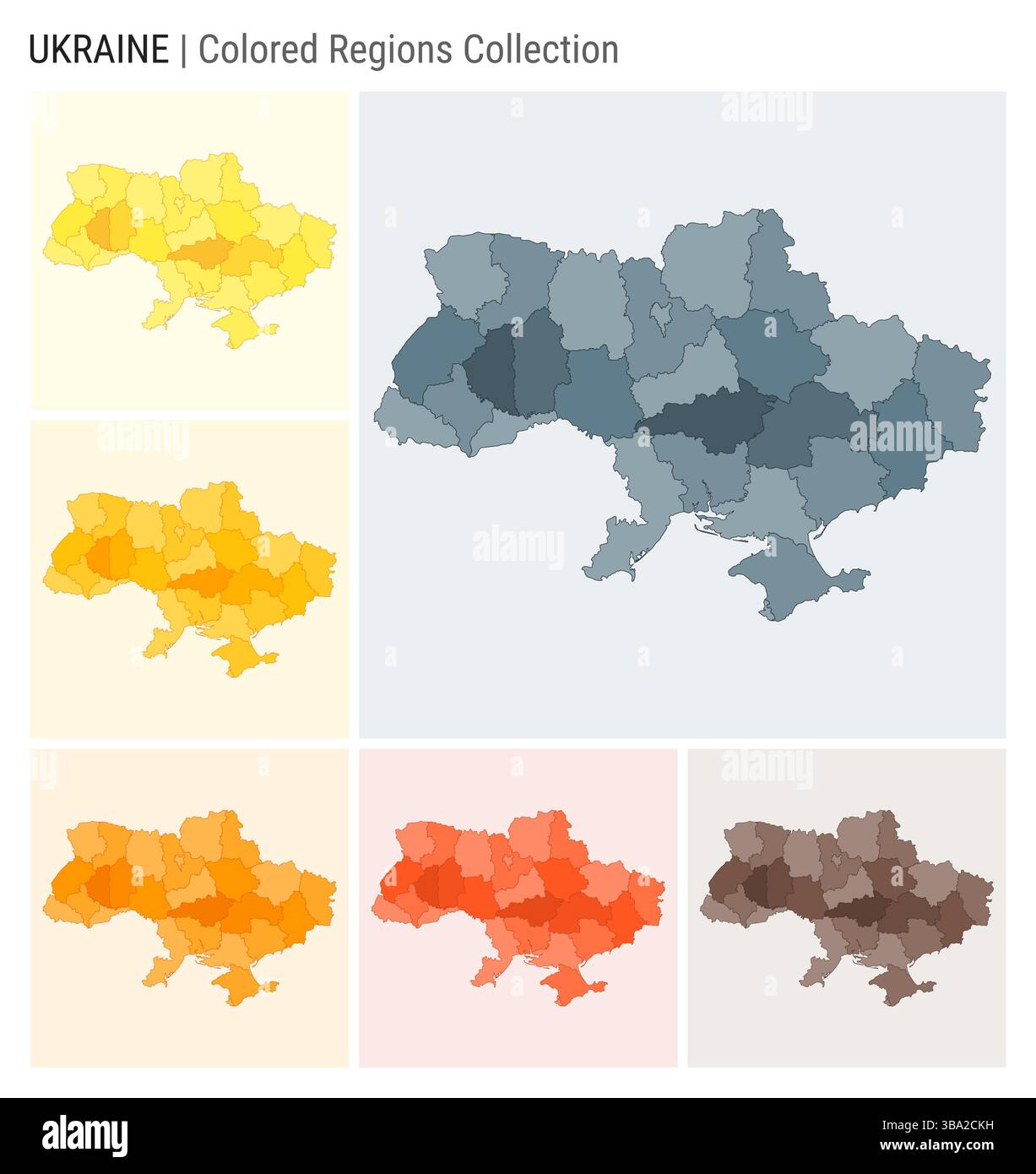Ukraine Kartensammlung. Länderform mit farbigen Regionen. Blaugrau, Gelb, Bernstein, Orange, Deep Orange, braune Farbpaletten. Stock Vektor