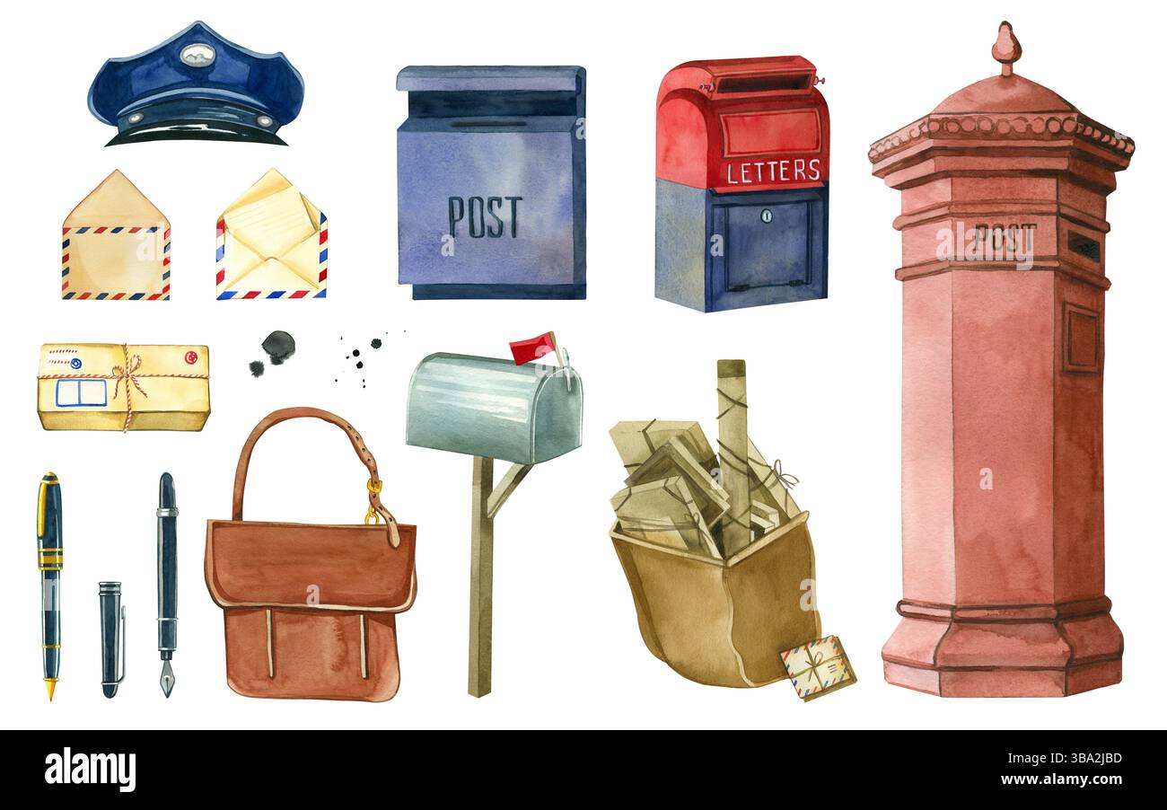 Satz Illustrationen für den Post Day, Taschen mit Paketen, Umschläge, Schreibstifte, Briefmütze, Postfächer, mit denen alle Objekte handgezeichnet werden Stockfoto