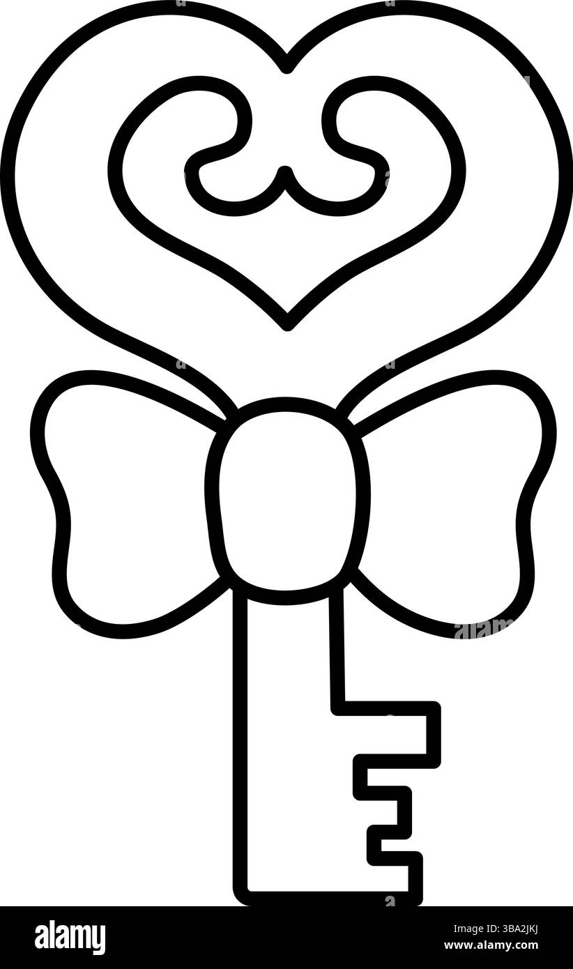 Vektorsymbol mit schwarzem und weißem goldenem Schlüssel. Wunderschönes Schlosselement isoliert auf weißem Hintergrund. Niedliche Zeichentrick-Waldfee oder Prinzessin Line Clipart oder c Stock Vektor