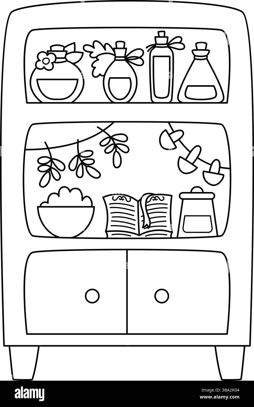 Vektor schwarz-weiß Feenschrank Clipart. Süßes Sideboard mit Mädchentränken, Pilzen, Zauberbuch. Kleiderschrank der Waldprinzessin mit Wäscheleine cli Stock Vektor
