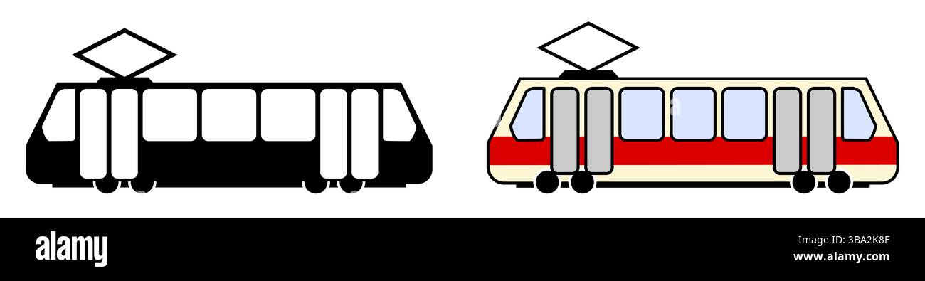 Symbol für Straßenbahn/Straßenbahn. Schwarz und Weiß / Farbversion Stockfoto