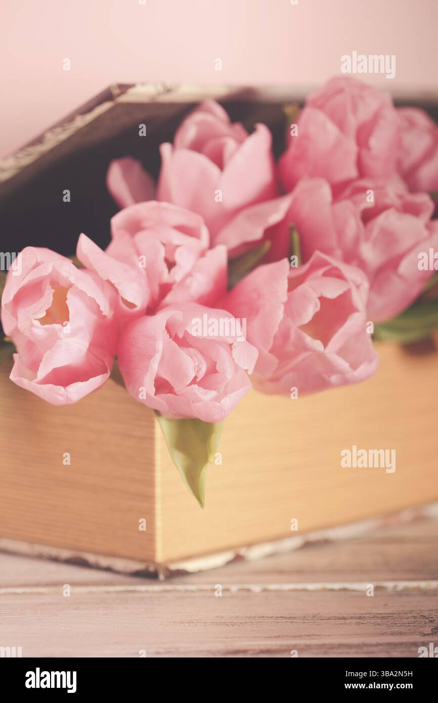 Shabby chic Deko - rosa Tulpen in Vintage Buch Stockfoto