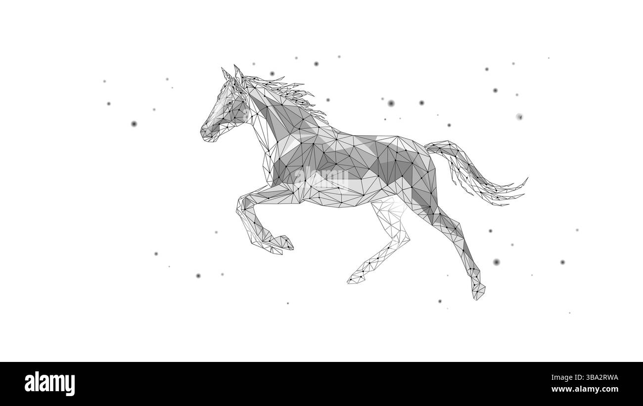 Geometrische Pferdeillustration läuft im Weltraum 2026 Horoskop Jahr. Chinesisches Tier des Neujahrs. Technologiedesigns und futuristische Projekte. Niedrige Poly-Ausführung Stock Vektor