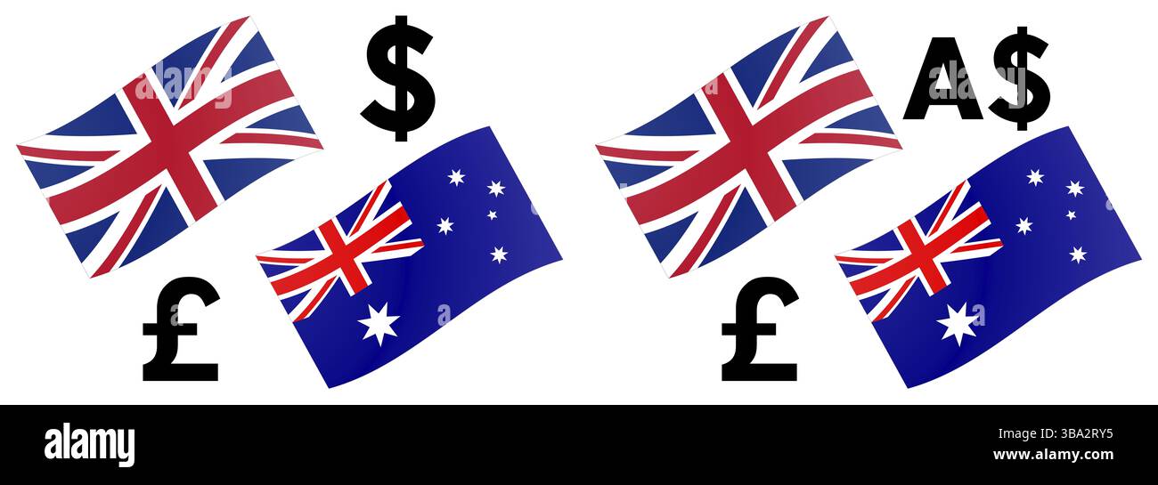 GBPAUD-Forex-Währungspaar-Vektor-Illustration. Britische und australische Flagge mit Pfund- und australischem Dollarsymbol Stockfoto
