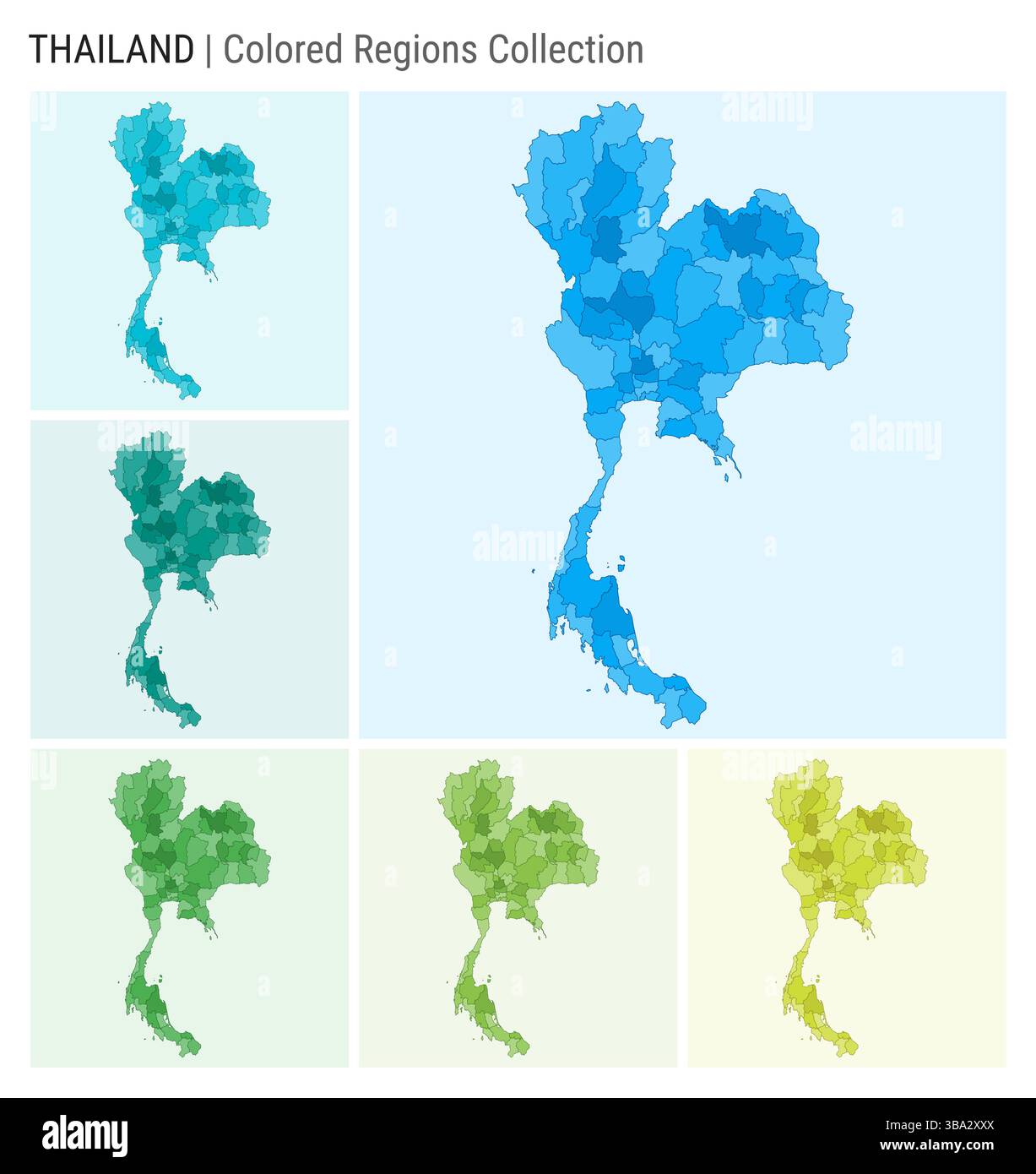 Thailand Kartensammlung. Länderform mit farbigen Regionen. Hellblau, Cyan, Teal, Grün, Hellgrün, Farbpaletten in Limettenfarben. Stock Vektor