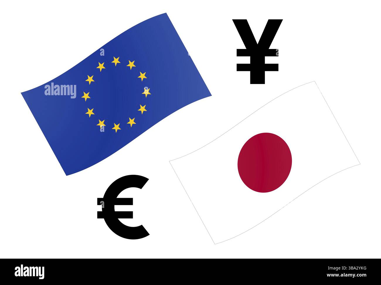 EUR/JPY-Forex-Währungspaar-Vektor-Illustration. EU- und japanische Flagge mit Euro- und Yen-Symbol Stockfoto